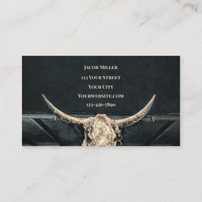 Western Country Beige Grey Rustic Bull Cow Skull Business Card (Back)