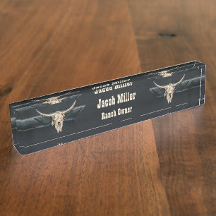 Western Country Beige Grey Rustic Bull Cow Skull Nameplate