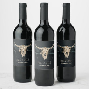 Western Country Beige Grey Rustic Bull Cow Skull Wine Label