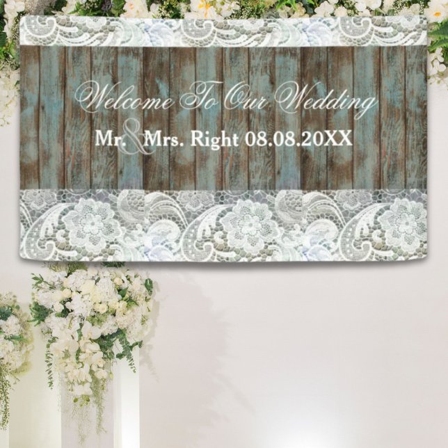 western country blue barn wood lace wedding banner (western country blue barn wood lace wedding banner)