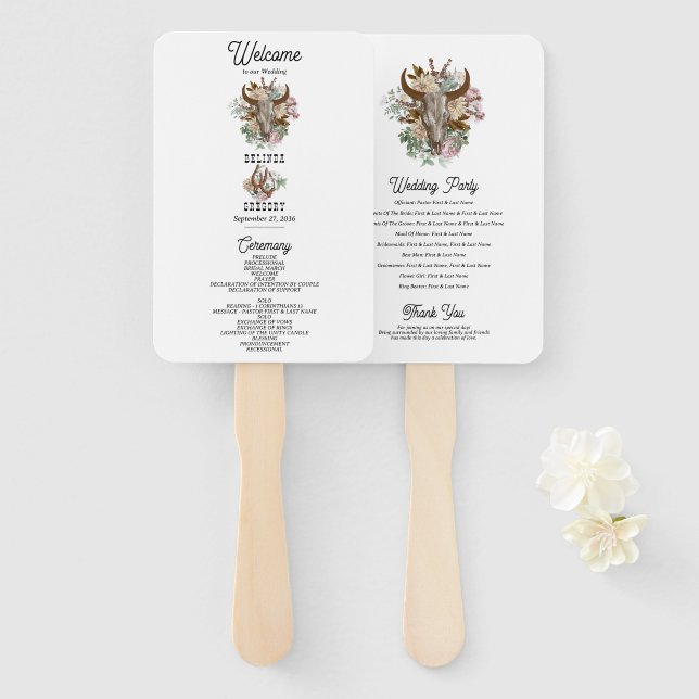 Western Country Boho Cow Skull Wedding Program Hand Fan (Front and Back)