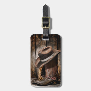 western country brown barn wood cowboy boots luggage tag