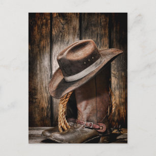 western country brown barn wood cowboy boots postcard