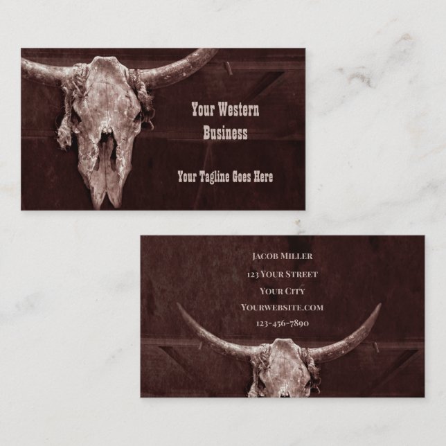 Western Country Brown Rustic Cowboy Bull Cow Skull Business Card (Front/Back)