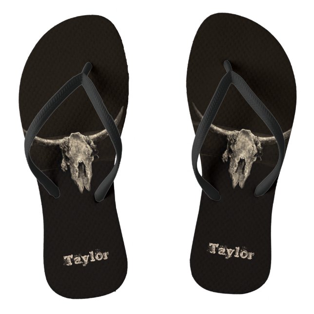 Western Country Bull Skull Rustic Brown Antique Thongs (Footbed)