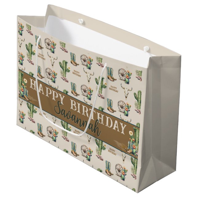Western Country Cactus Boots Name Happy Birthday Large Gift Bag (Front Angled)