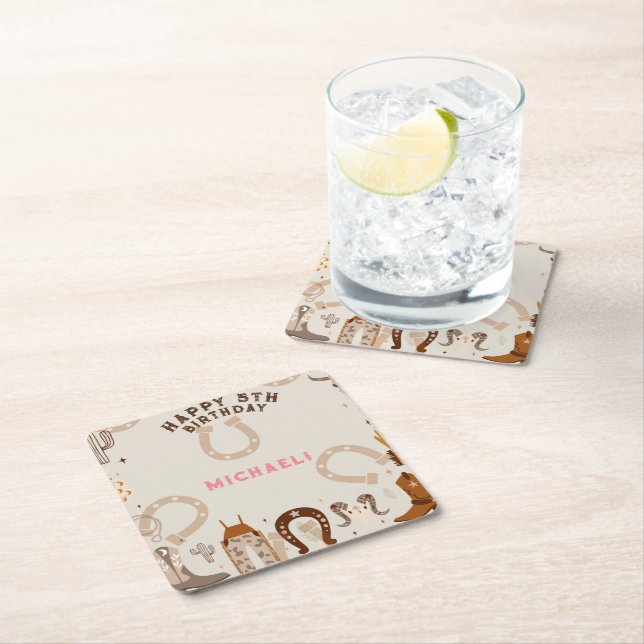 Western Country Cowboy Birthday Party Square Paper Coaster (Insitu)