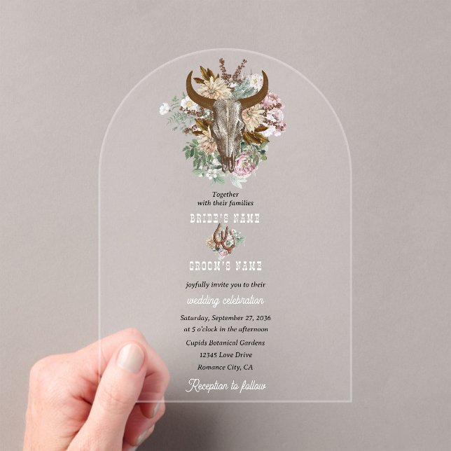 Western Country Cowboy Boho Cow Skull Wedding Acrylic Invitations (Insitu (Handheld))