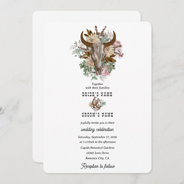 Western Country Cowboy Boho Cow Skull Wedding Invitation (Front/Back)