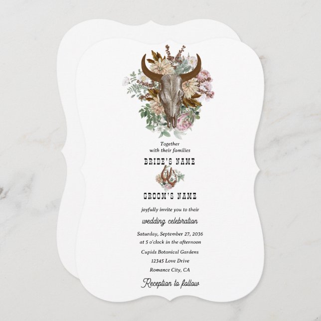 Western Country Cowboy Boho Cow Skull Wedding Invitation (Front/Back)