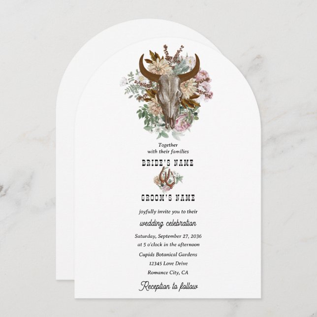 Western Country Cowboy Boho Cow Skull Wedding Invitation (Front/Back)