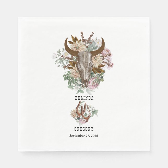 Western Country Cowboy Boho Cow Skull Wedding Napkin (Front)