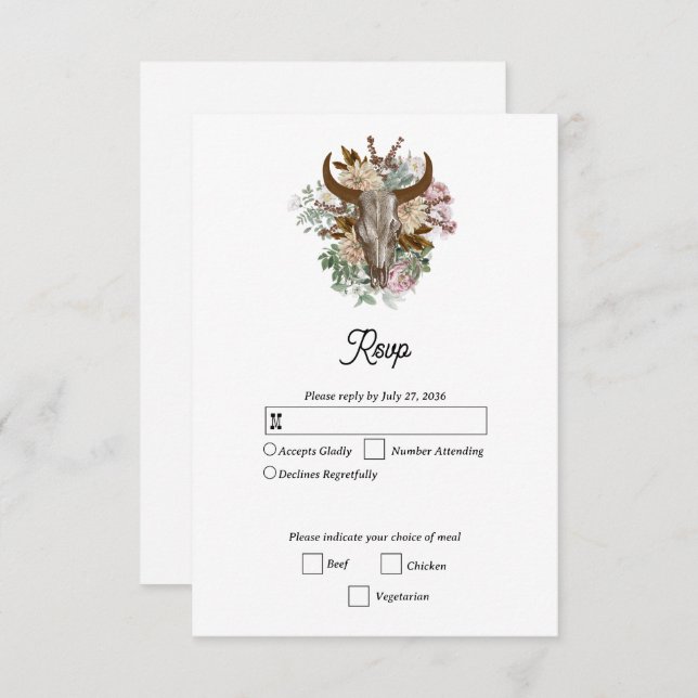 Western Country Cowboy Boho Cow Skull Wedding RSVP Card (Front/Back)