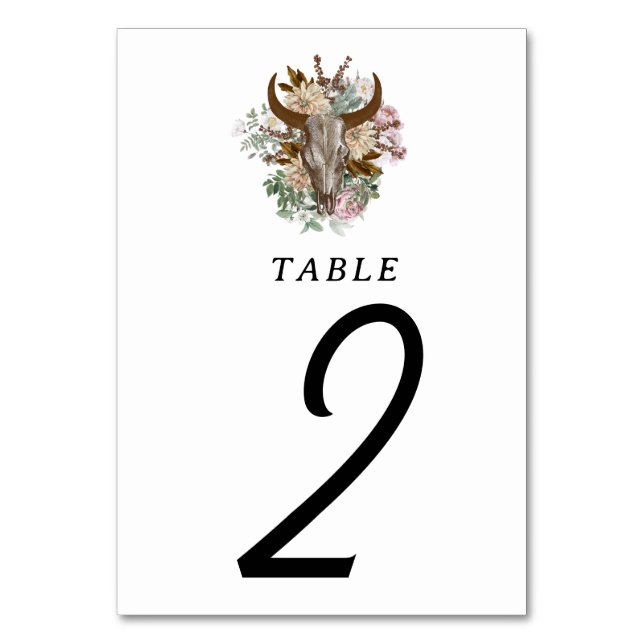 Western Country Cowboy Boho Cow Skull Wedding Table Number (Front)