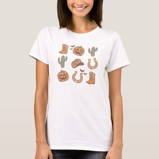 Western Country Cowboy Boot Pumpkin Halloween T-Shirt (Front)