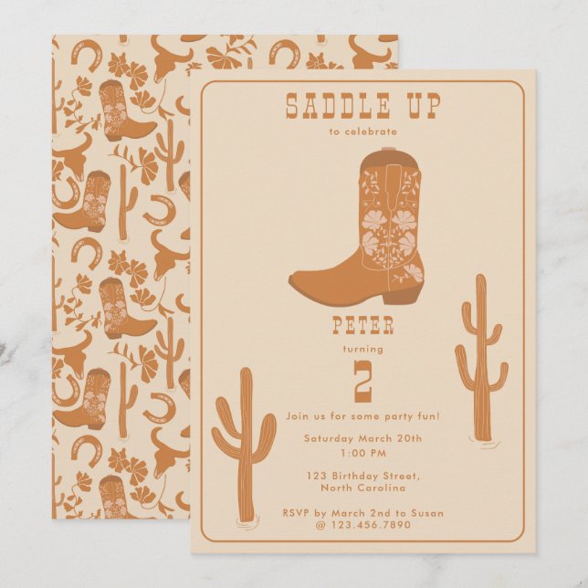 Western Country Cowboy Boots Saddle Up Birthday Invitation (Front/Back)