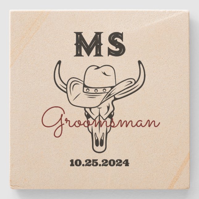 Western Country Cowboy Monogram Best Man Groomsmen Stone Coaster (Front)