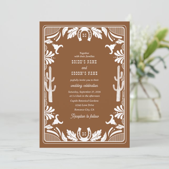 Western Country Cowboy Rustic Wedding Brown Invitation (Standing Front)