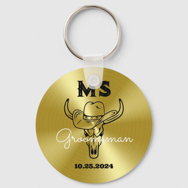 Western Country Cowboy Wedding Monogram Groomsmen Key Ring (Front)