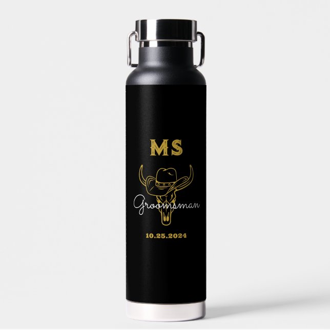 Western Country Cowboy Wedding Monogram Groomsmen Water Bottle (Front)