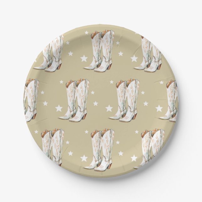 Western Country Cowgirl Boots Beige Birthday Party Paper Plate (Front)