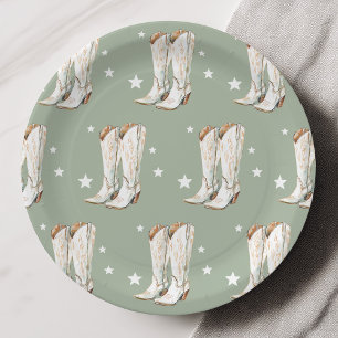 Western Country Cowgirl Boots Green Birthday Party Paper Plate