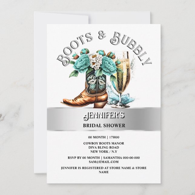 Western country cowgirl boots teal silver bubbly  invitation (Front)