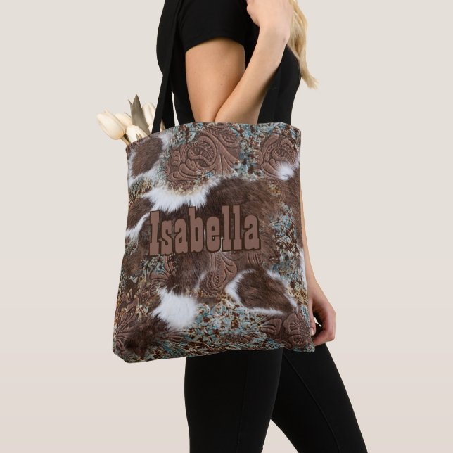 Western Country Cowgirl Cowhide Brown Leather name Tote Bag (Close Up)