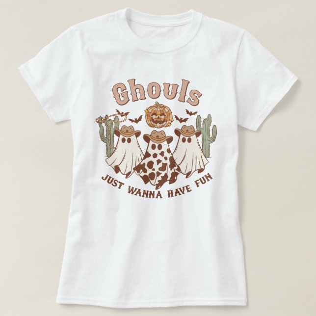 Western Country Cowgirl Ghouls Funny Halloween T-Shirt (Design Front)