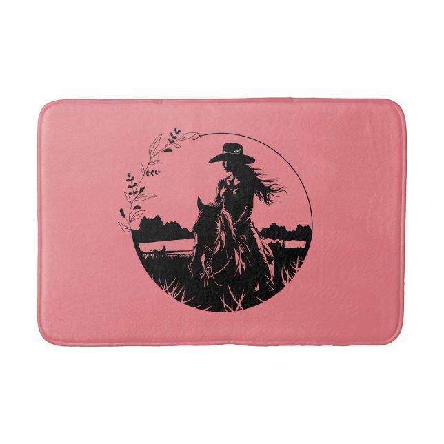 Western Country Cowgirl Horse Riding on Field Bath Mat (Front)