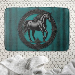 Western Country Equestrian Teal Black Horse  Bath Mat
