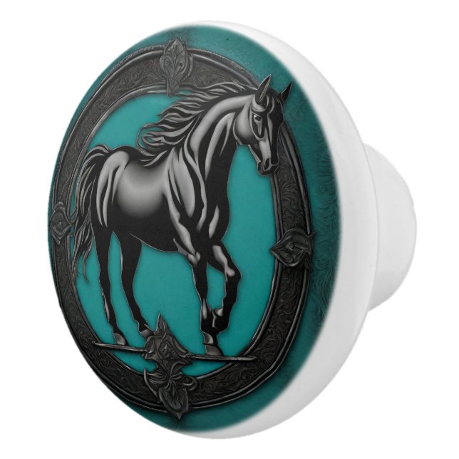 Western Country Equestrian Teal Black Horse  Ceramic Knob (Right)