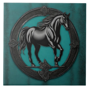 Western Country Equestrian Teal Black Horse  Ceramic Tile