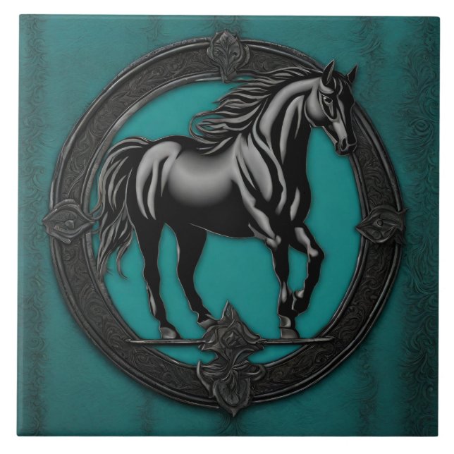 Western Country Equestrian Teal Black Horse  Ceramic Tile (Front)