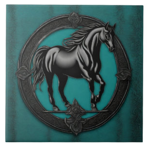 Western Country Equestrian Teal Black Horse Ceramic Tile