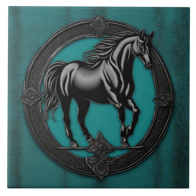 Western Country Equestrian Teal Black Horse  Ceramic Tile (Front)