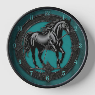 Western Country Equestrian Teal Black Horse  Clock