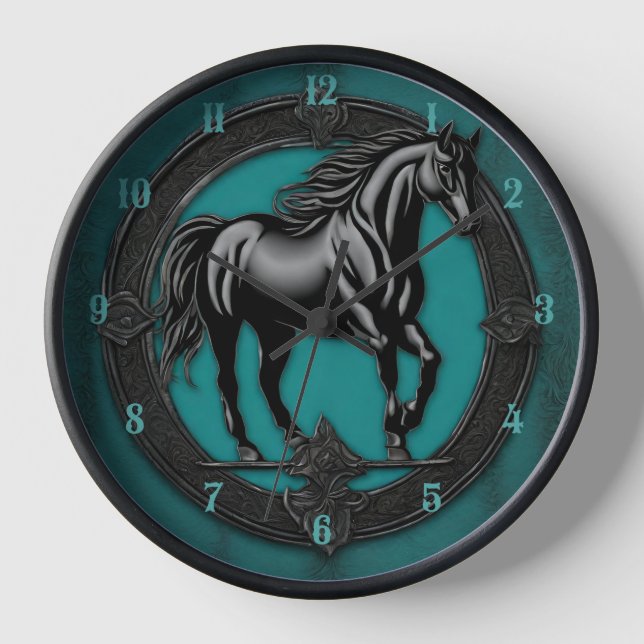 Western Country Equestrian Teal Black Horse  Clock (Front)