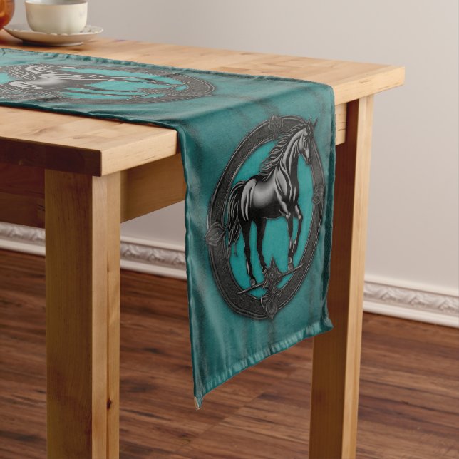Western Country Equestrian Teal Black Horse  Long Table Runner (In Situ)