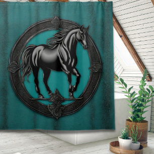 Western Country Equestrian Teal Black Horse Shower Curtain