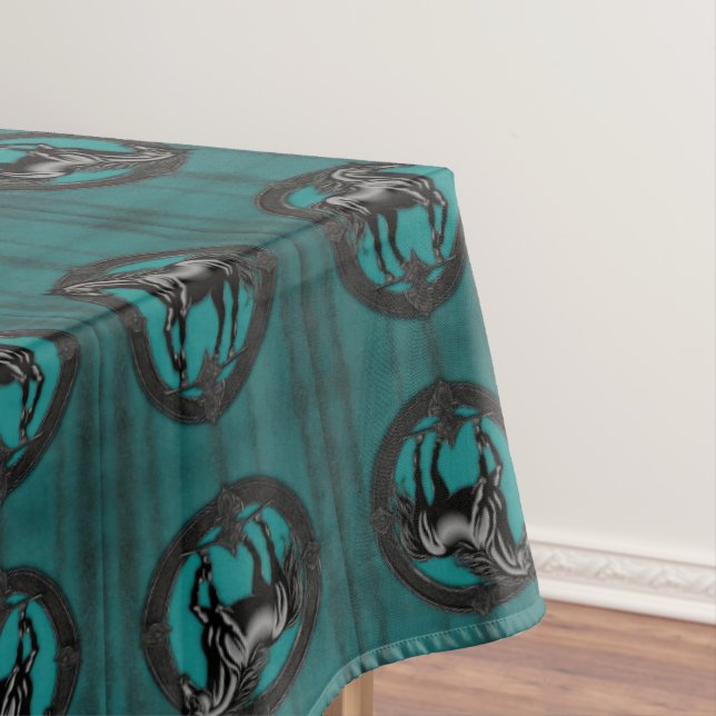 Western Country Equestrian Teal Black Horse  Tablecloth (In Situ)