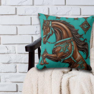 Western Country Equestrian Turquoise Brown Horse  Cushion