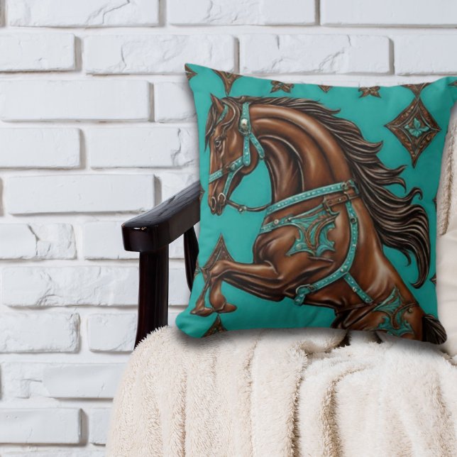 Western Country Equestrian Turquoise Brown Horse  Cushion (Creator Uploaded)