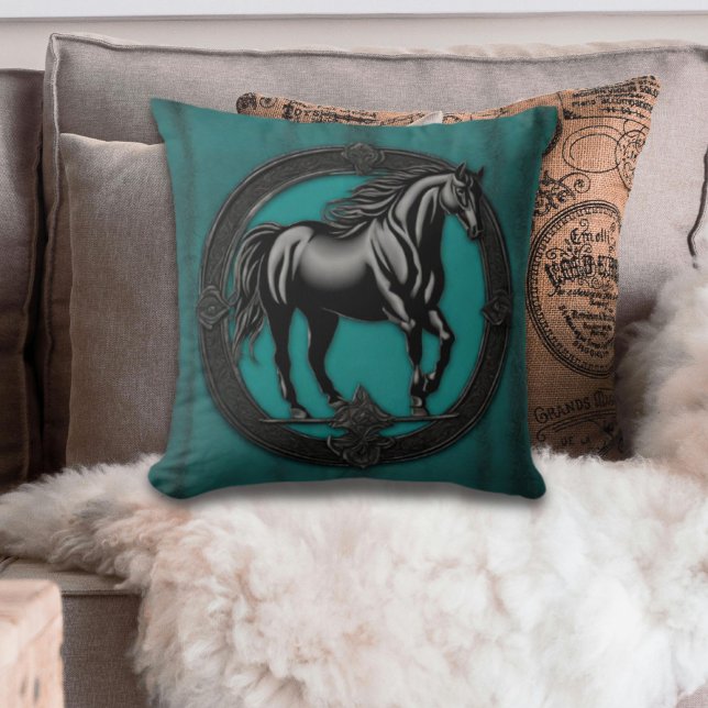 Western Country  Equine Equestrian Black Horse  Cushion (Rustic Western Country Teal black horse throw pillow)
