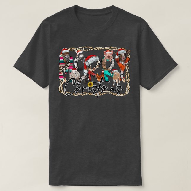 Western Country Farm Animals Cow Merry Christmas C T-Shirt (Design Front)