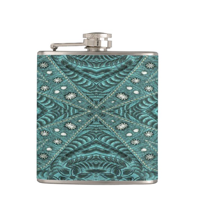 Western Country fashion Teal Turquoise Leather Hip Flask (Front)