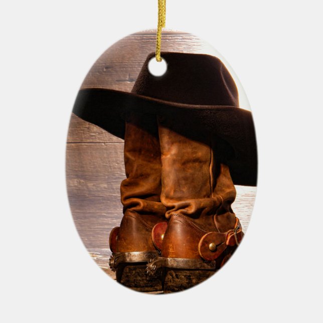 western country hat barn wood cowboy boots ceramic ornament (Front)