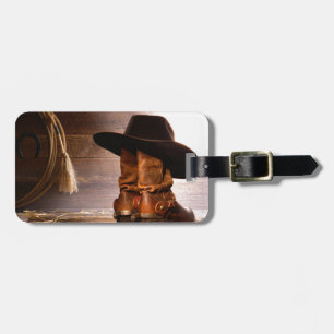 western country hat barn wood cowboy boots luggage tag