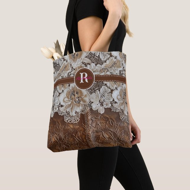 Western Country Leather n Lace Initial Name Tote Bag (Close Up)