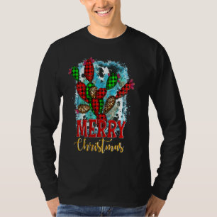 Western Country Merry Christmas Buffalo Plaid Cact T-Shirt